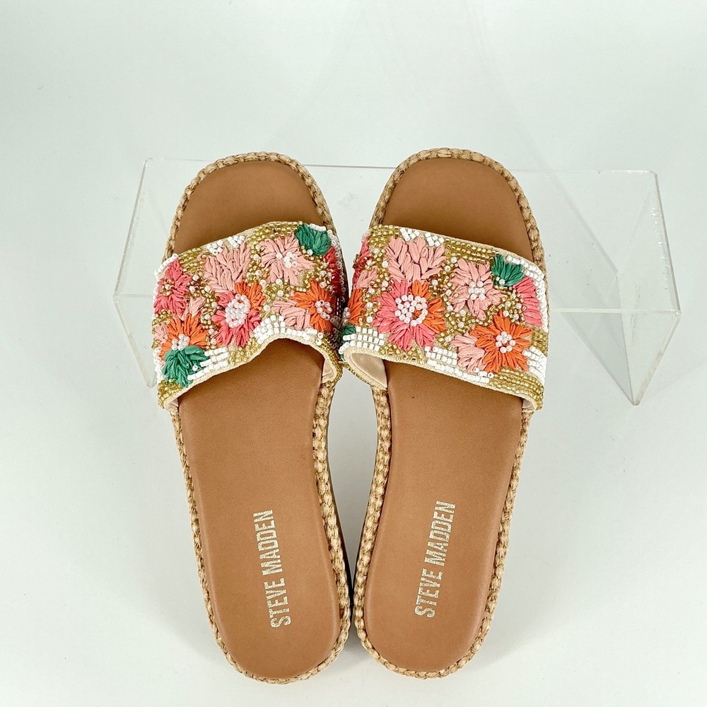 Steve Madden Size 8.5 Beaded Floral Raffia Platform Slide Sandals NEW Boardwalk - Picture 4 of 11